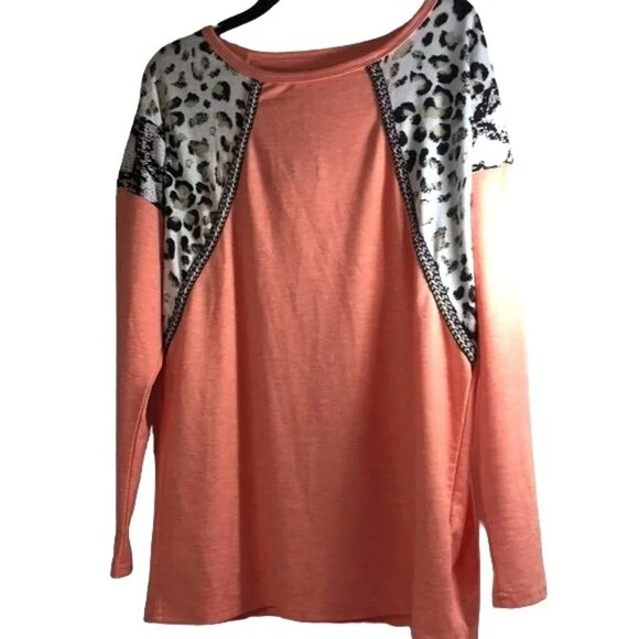 Womens Tee Long Sleeves Orange/Animal Print Size L - Picture 1 of 5